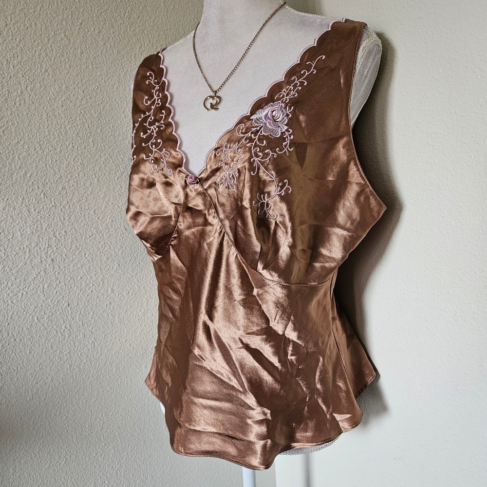 Inner Most Sears Vintage Bronze Satin Camisole Floral Embroidered Top